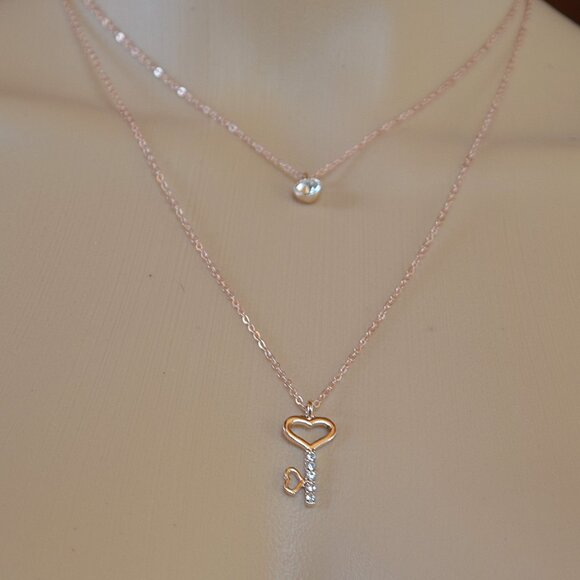 Rose Gold 2 Layer Chain Necklace With Crystal Key & Pendant - Picture 5 of 8